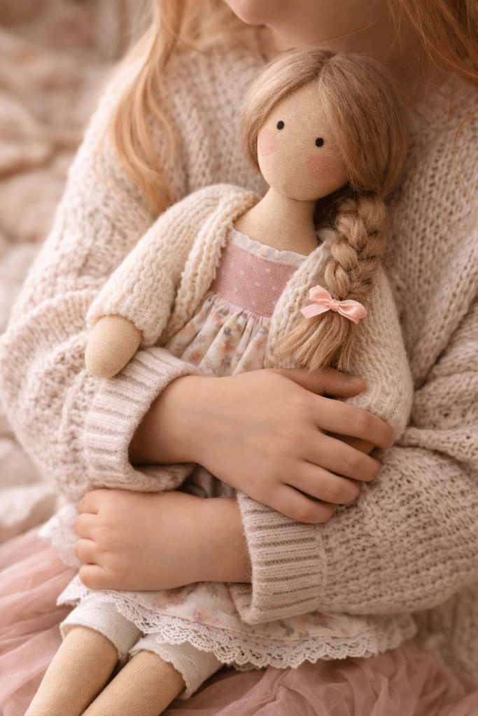 Boneca de pano sendo abraçada por uma criança em um gesto de carinho