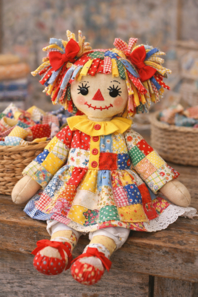 Boneca de pano artesanal feita com retalhos reaproveitados