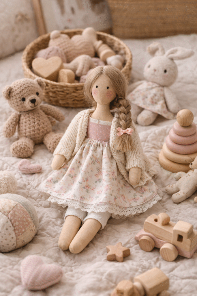 Boneca de pano entre outros brinquedos em um ambiente de brincadeira