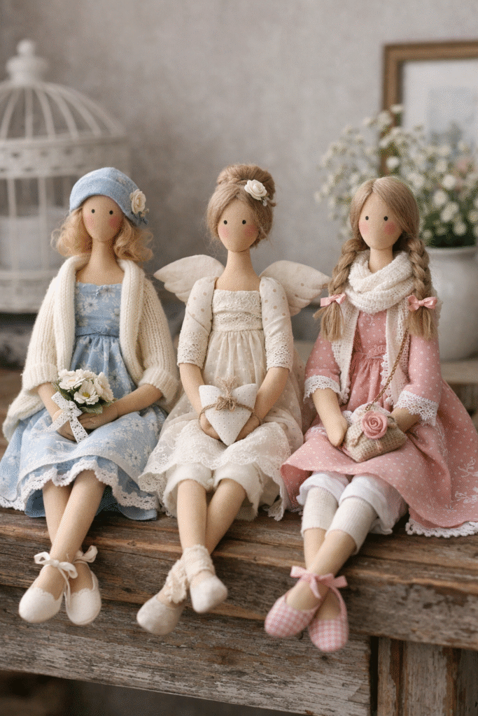 Bonecas de pano decorativas em estilo Tilda, voltadas ao público adulto