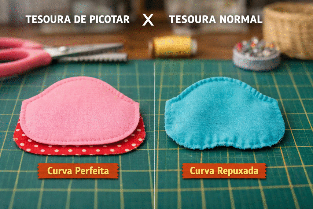 comparação do resultado no acabamento em peças feitas com tesoura de picotar e tesosura normal