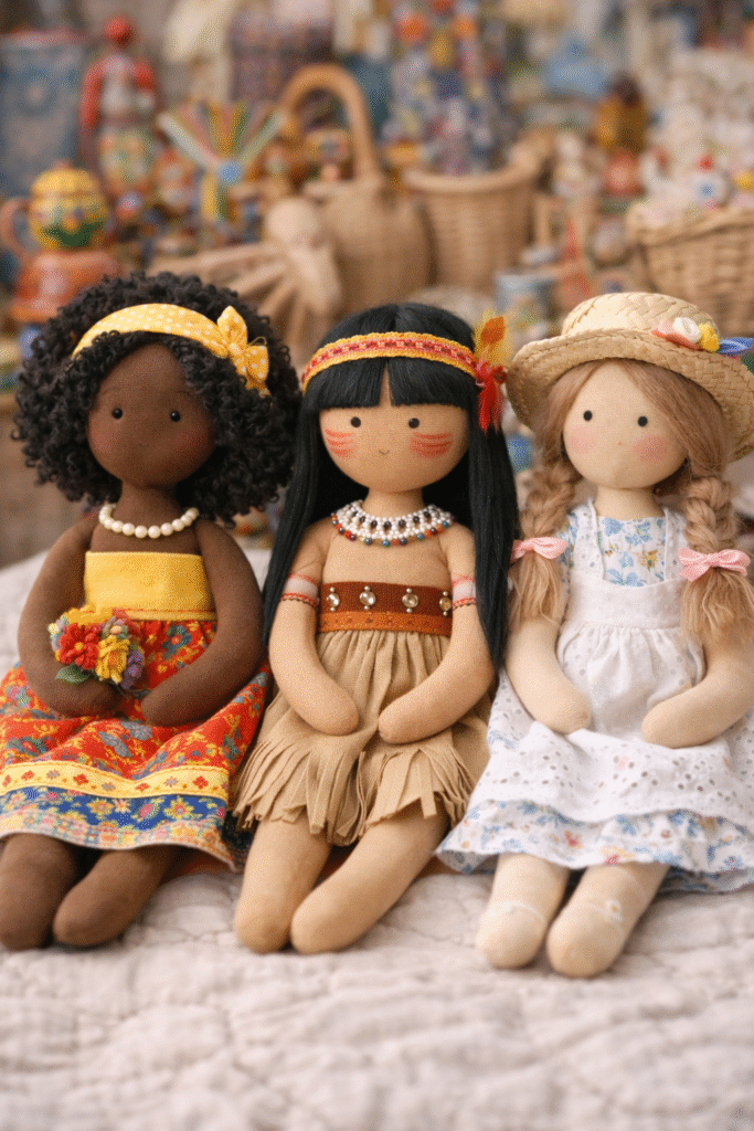 Bonecas de pano artesanais representando a diversidade cultural brasileira