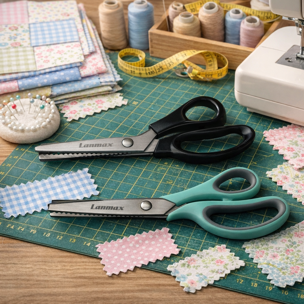 tesoura de picotar e tesoura escalope usadas em tecidos de algodão para costura criativa