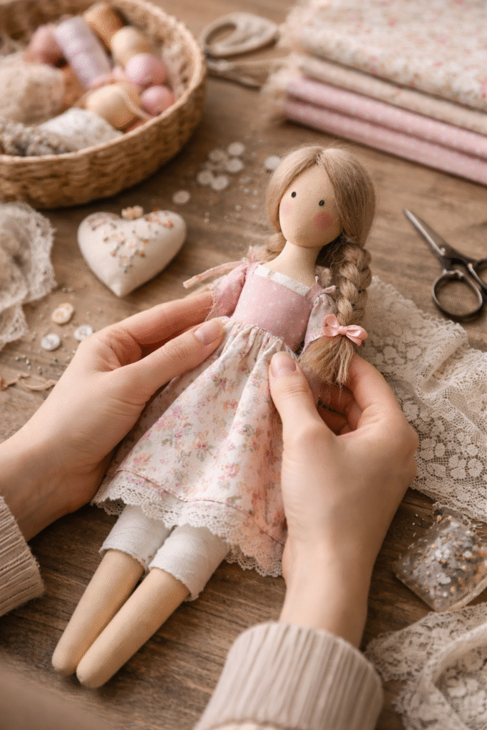 Boneca de pano em processo de criação artesanal, com costura manual