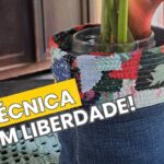 Cachepô com jeans usados e micro retalhos coloridos