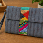 Padronagem de patchwork com jeans e retalhos aplicada em carteira com matelassê estruturado