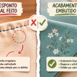 Comparação entre pesponto mal feito e acabamento embutido em peça de costura criativa, mostrando como o acabamento influencia a elegância do projeto.