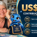 Maria Antonia ao lado da formiguinha azul da DONAVI, apresentando a contribuição única de US$16 e informações sobre mensalidades, contribuições pessoais e reentradas.
