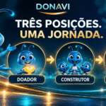 Imagem da DONAVI com a formiguinha azul apresentando as três posições iniciais: Doador, Construtor e Gestor.